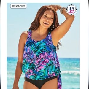 Swimsuits For All Side Tie Blouson Tankini Top Palmtastic 16 NWT